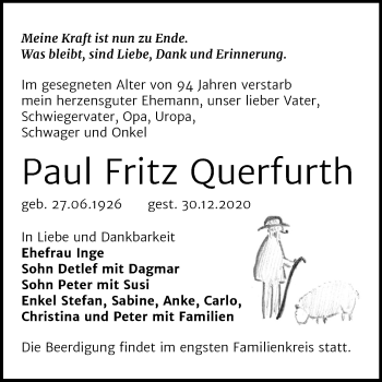 Traueranzeige von Paul Fritz Querfurth von Super Sonntag Bernburg