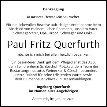 Traueranzeige von Paul Fritz Querfurth von Mitteldeutsche Zeitung Bernburg