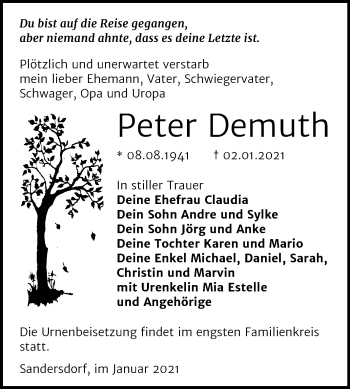 Traueranzeige von Peter Demuth von Mitteldeutsche Zeitung Bitterfeld
