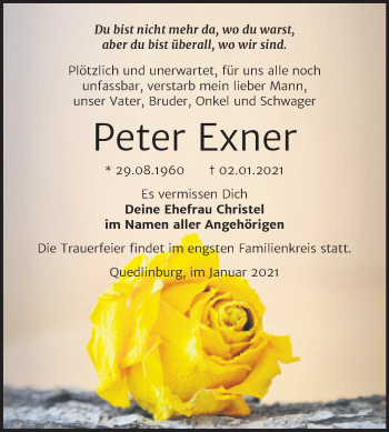 Traueranzeige von Peter Exner von Mitteldeutsche Zeitung Quedlinburg