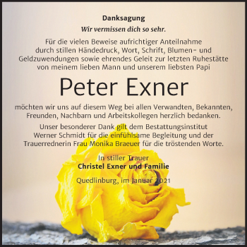 Traueranzeige von Peter Exner von Mitteldeutsche Zeitung Quedlinburg