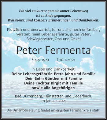 Traueranzeige von Peter Fermenta von Super Sonntag Merseburg/Querfurt