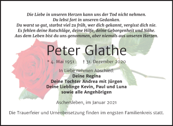 Traueranzeige von Peter Glathe von Super Sonntag Aschersleben