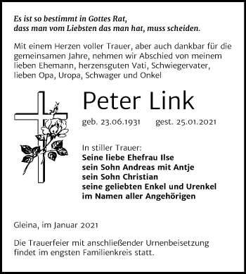 Traueranzeige von Peter Link von Mitteldeutsche Zeitung Naumburg/Nebra