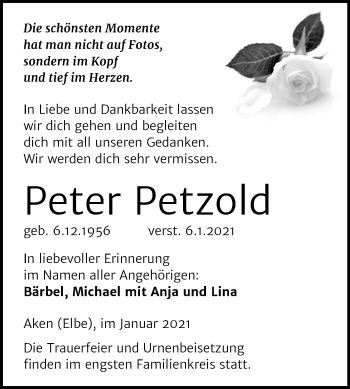 Traueranzeige von Peter Petzold von Super Sonntag Köthen