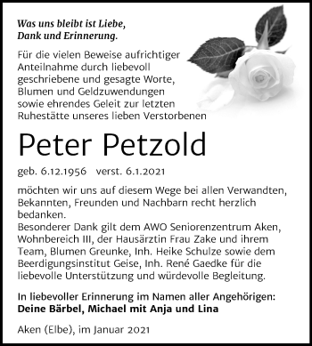 Traueranzeige von Peter Petzold von Super Sonntag Köthen