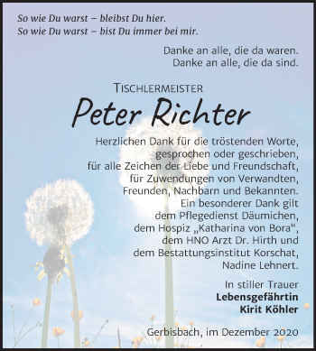 Traueranzeige von Peter Richter von Mitteldeutsche Zeitung Wittenberg