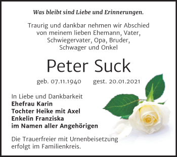 Traueranzeige von Peter Suck von Mitteldeutsche Zeitung Bernburg
