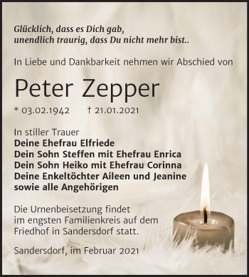 Traueranzeige von Peter Zepper von Mitteldeutsche Zeitung Bitterfeld
