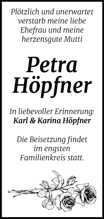 Traueranzeige von Petra Höpfner von Mitteldeutsche Zeitung Halle/Saalkreis