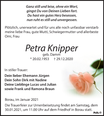 Traueranzeige von Petra Knipper von Super Sonntag Weißenfels