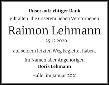 Traueranzeige von Raimon Lehmann von Mitteldeutsche Zeitung Halle/Saalkreis