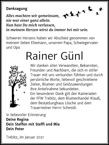 Traueranzeige von Rainer Günl von Mitteldeutsche Zeitung Wittenberg