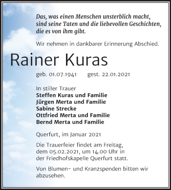 Traueranzeige von Rainer Kuras von Super Sonntag Merseburg/Querfurt