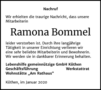 Traueranzeige von Ramona Bommel von Mitteldeutsche Zeitung Köthen