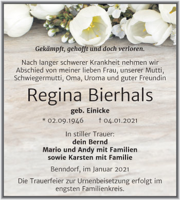 Traueranzeige von Regina Bierhals von Mitteldeutsche Zeitung Mansfelder Land