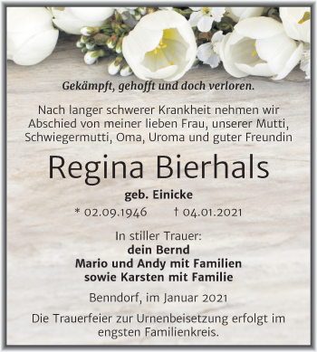 Traueranzeige von Regina Bierhals von Super Sonntag Mansfelder Land