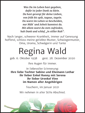 Traueranzeige von Regina Wald von Super Sonntag Weißenfels
