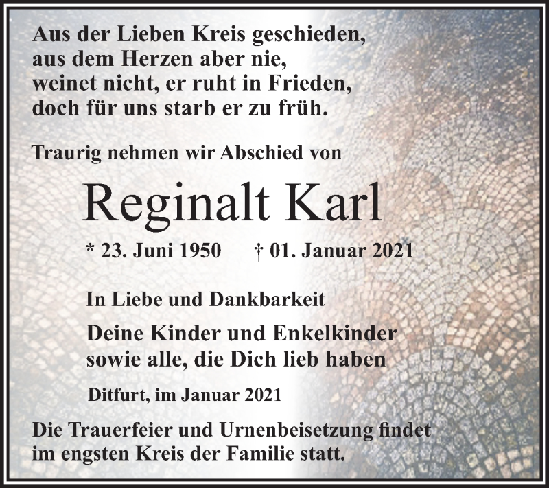  Traueranzeige für Reginalt Karl vom 16.01.2021 aus Mitteldeutsche Zeitung Quedlinburg