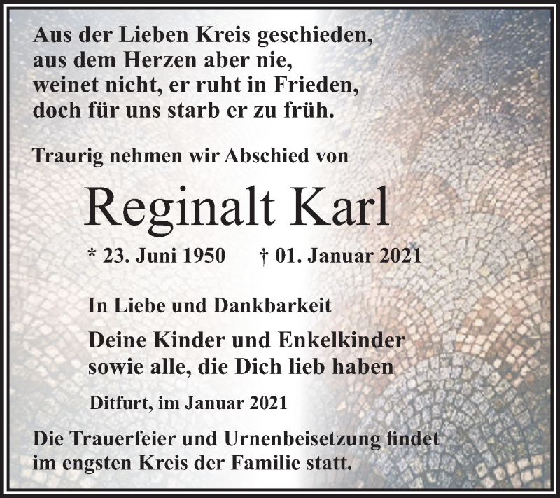  Traueranzeige für Reginalt Karl vom 16.01.2021 aus Super Sonntag Quedlinburg