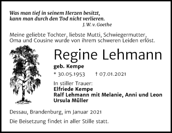 Traueranzeige von Regine Lehmann von Mitteldeutsche Zeitung Dessau-Roßlau