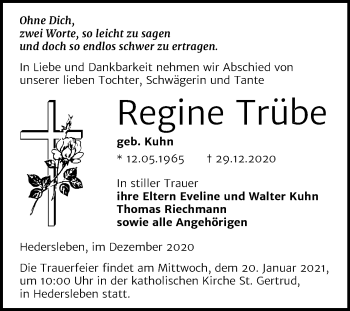 Traueranzeige von Regine Trübe von Mitteldeutsche Zeitung Quedlinburg