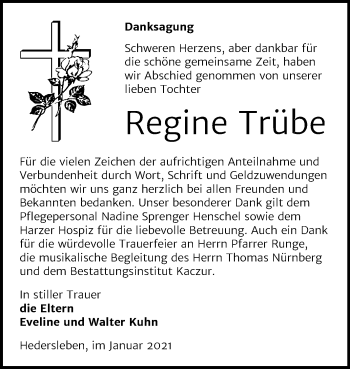 Traueranzeige von Regine Trübe von Mitteldeutsche Zeitung Quedlinburg