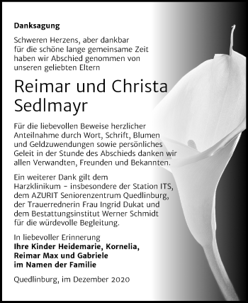 Traueranzeige von Reimar und Christa Sedlmayr von Mitteldeutsche Zeitung Quedlinburg