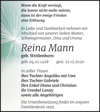 Traueranzeige von Reina Mann von Mitteldeutsche Zeitung Zeitz