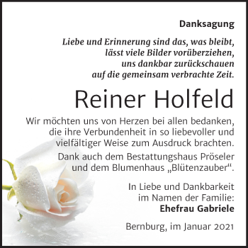 Traueranzeige von Reiner Holfeld von Super Sonntag Bernburg