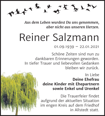 Traueranzeige von Reiner Salzmann von Mitteldeutsche Zeitung Sangerhausen