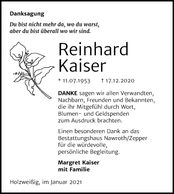 Traueranzeige von Reinhard Kaiser von Mitteldeutsche Zeitung Bitterfeld