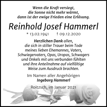 Traueranzeige von Reinhold Josef Hammerl von Mitteldeutsche Zeitung Bitterfeld