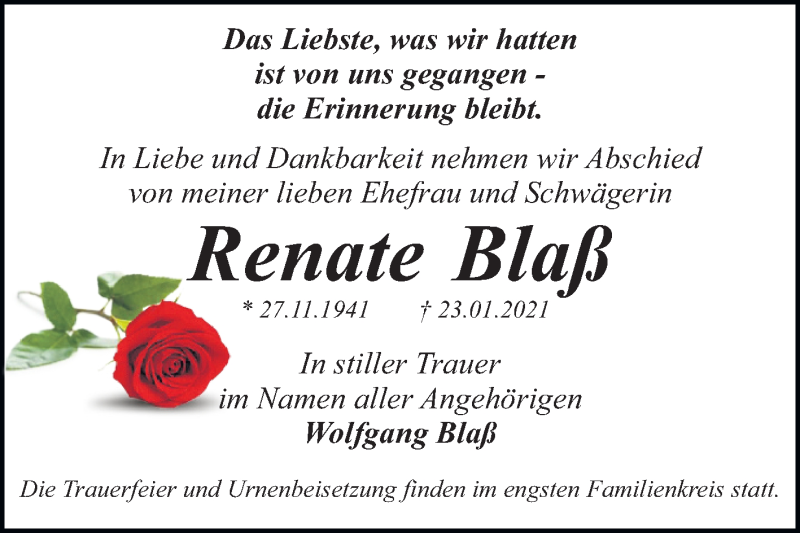  Traueranzeige für Renate Blaß vom 30.01.2021 aus Super Sonntag Dessau-Roßlau