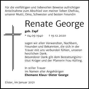 Traueranzeige von Renate George von Mitteldeutsche Zeitung Wittenberg