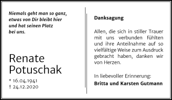 Traueranzeige von Renate Potuschak von Super Sonntag Aschersleben