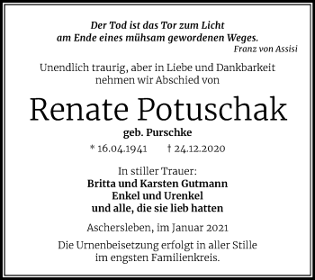 Traueranzeige von Renate Potuschak von Mitteldeutsche Zeitung Aschersleben