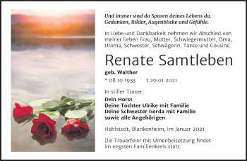 Traueranzeige von Renate Samtleben von Mitteldeutsche Zeitung Sangerhausen
