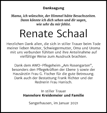 Traueranzeige von Renate Schaal von Super Sonntag Sangerhausen