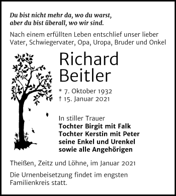 Traueranzeige von Richard Beitler von Super Sonntag Zeitz
