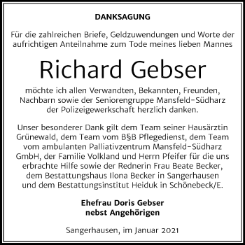 Traueranzeige von Richard Gebser von Super Sonntag Sangerhausen