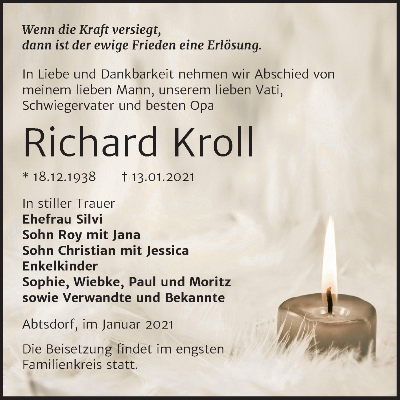  Traueranzeige für Richard Kroll vom 23.01.2021 aus Mitteldeutsche Zeitung Wittenberg