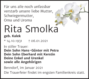Traueranzeige von Rita Smolka von Super Sonntag Mansfelder Land