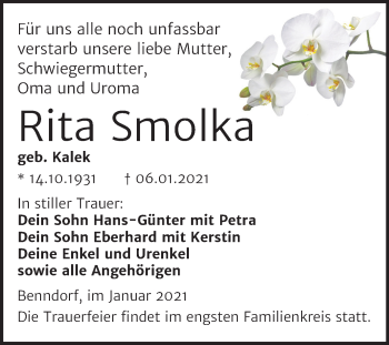 Traueranzeige von Rita Smolka von Mitteldeutsche Zeitung Mansfelder Land