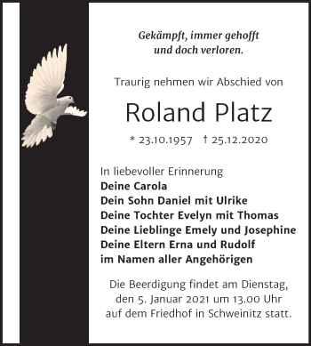 Traueranzeige von Roland Platz von Mitteldeutsche Zeitung Wittenberg