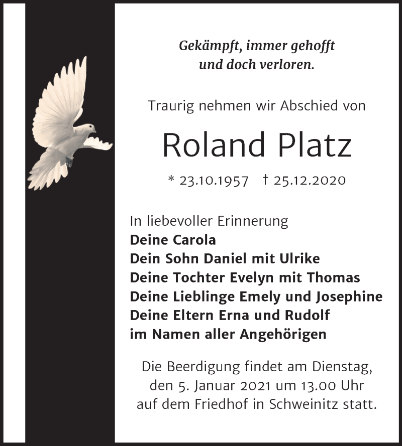  Traueranzeige für Roland Platz vom 02.01.2021 aus Super Sonntag Wittenberg