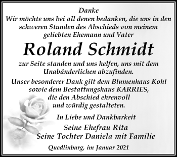 Traueranzeige von Roland Schmidt von Super Sonntag Quedlinburg