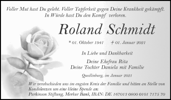 Traueranzeige von Roland Schmidt von Super Sonntag Quedlinburg