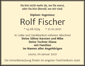 Traueranzeige von Rolf Fischer von Super Sonntag Merseburg/Querfurt