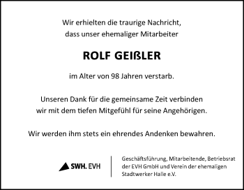 Traueranzeige von Rolf Geißler von Mitteldeutsche Zeitung Halle/Saalkreis